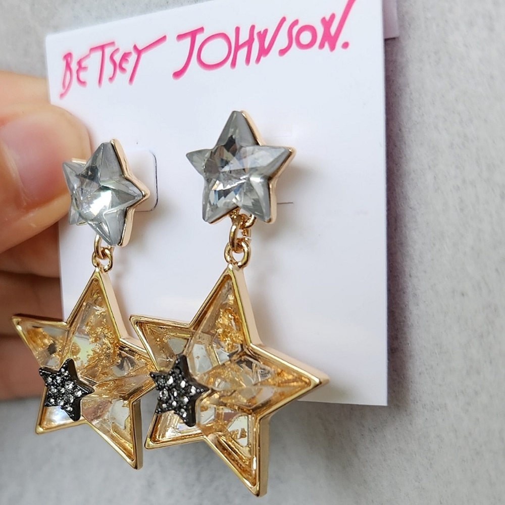 NWT Betsey Johnson Celestial Double Star Drop Earrings, Silver/Gold, Lightweight - Picture 6 of 10